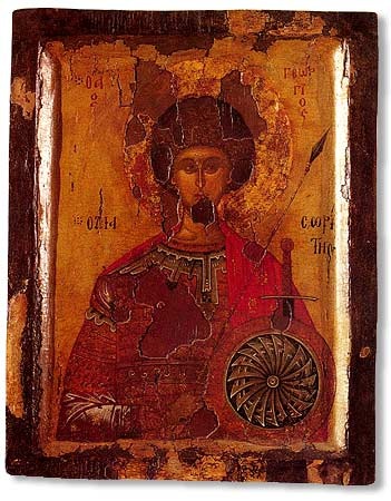 Historical painted icon of Saint George Diasoritos; the original damaged paint is preserved.