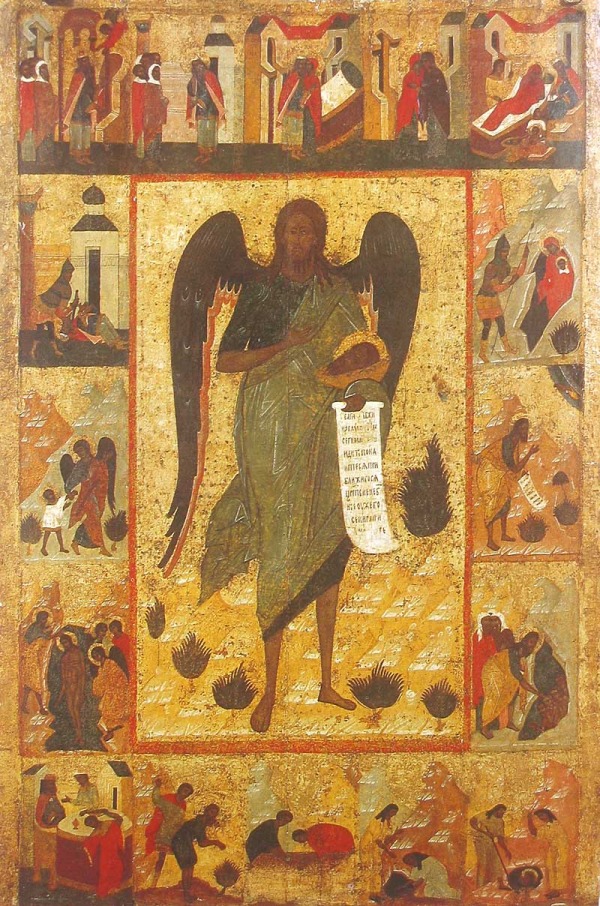 Historical painted icon of Saint John the Baptist, the Angel of the Desert, with scenes from his Life; wings are symbolic, not a claim that he is an angel.