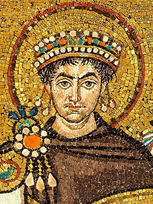 Mosaic portrait of Emperor Justinian in the Basilica of San Vitale, Ravenna; photograph by Petar Milošević, with perspective correction by Tintero21.