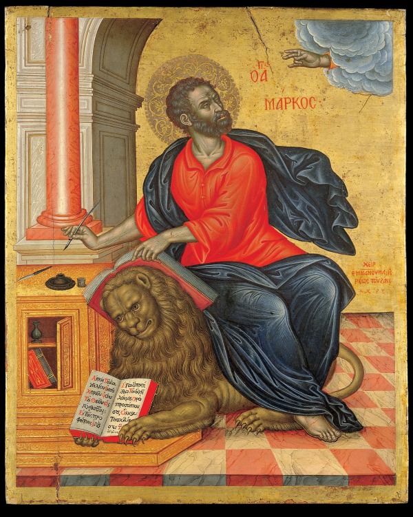 Historical painted icon of Saint Mark the Evangelist by Emmanuel Tzanes.