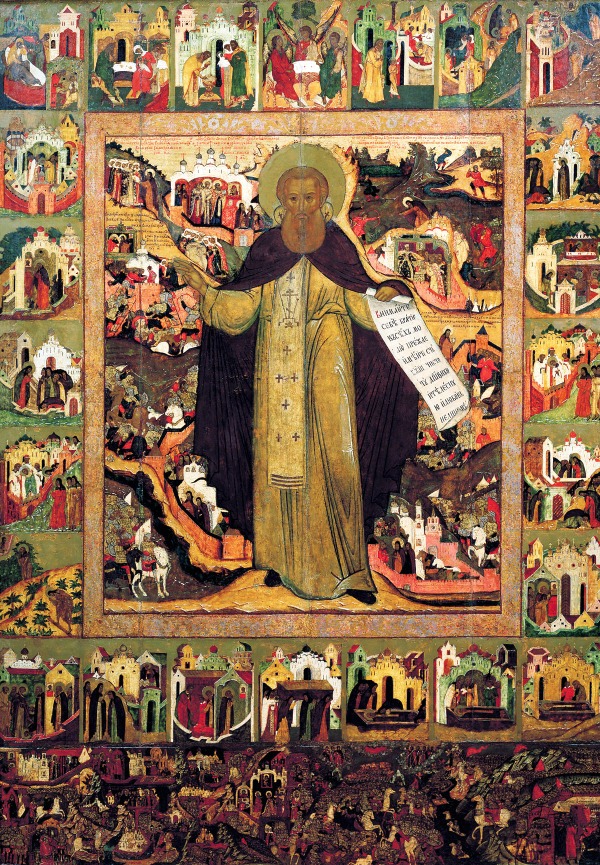 Historical painted icon of Saint Sergius of Radonezh surrounded by scenes from his Life.