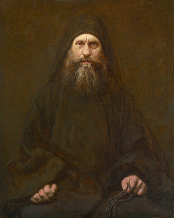 Licensed painted portrait of Saint Silouan by Andrei Mironov, 2018; not a lifetime photograph.